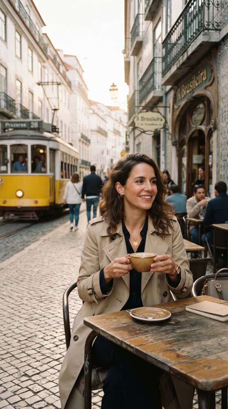 Editorial portrait at a Lisbon cafe in golden hour